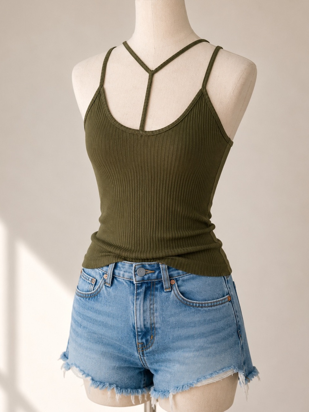 Iris Basic Olive Ribbed Strappy Tank - Picture 2 of 11